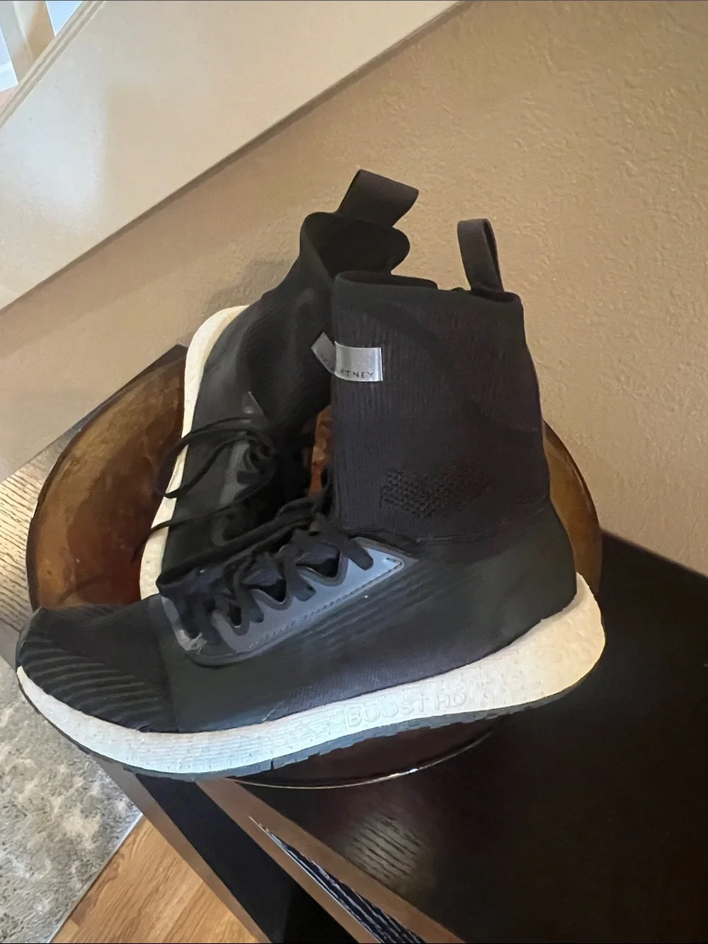 Adidas by Stella McCartney Black Sock-Style Athletic Sneakers with White Midsole